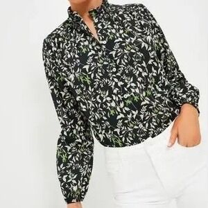 Tuckernuck Verdant Iris Avalon Blouse Black Floral Print Ruffle Neck Size M NWT